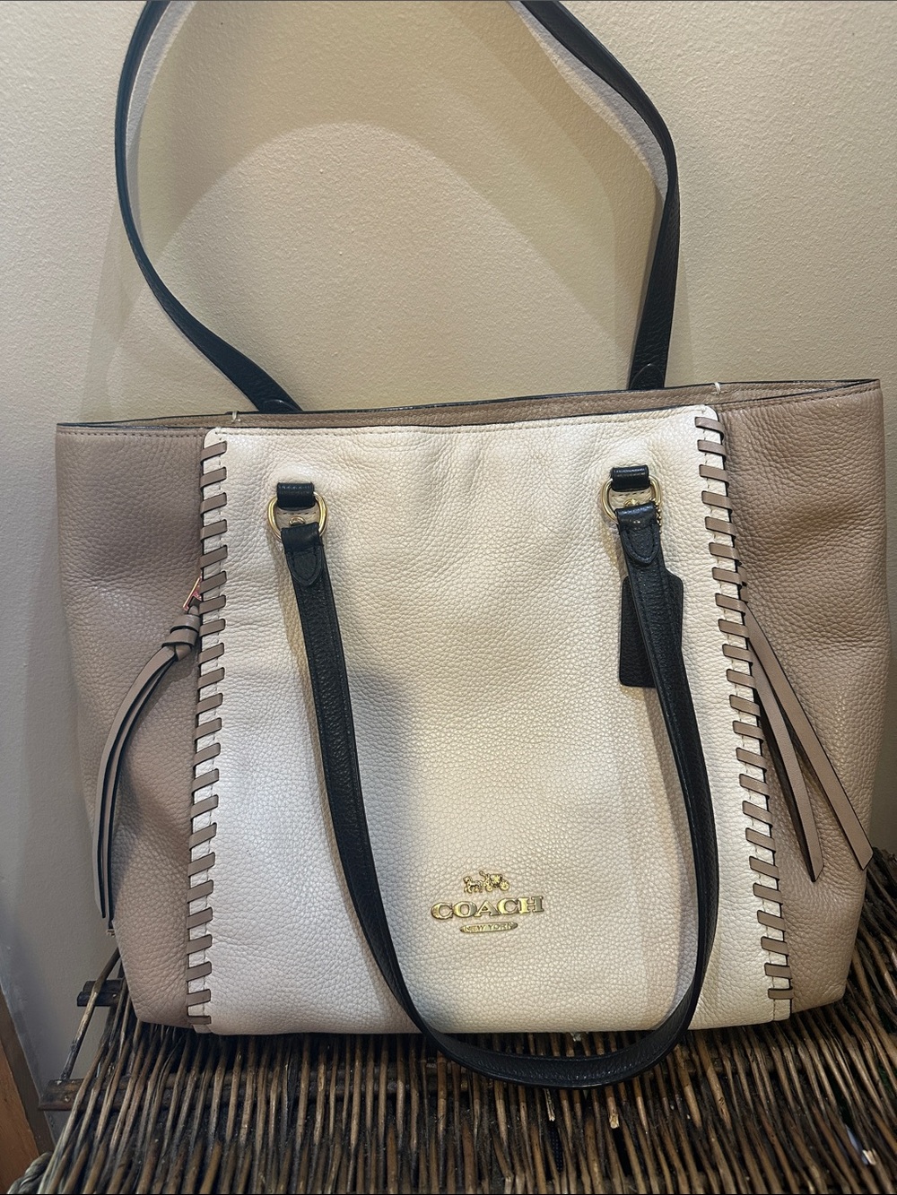 Coach Two-Tone Leather Tote in Cream and Taupe with Black Accents